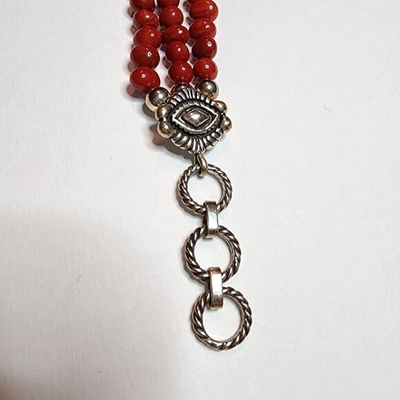 Ruby Lane Signed M.G. Sterling Silver Red Coral Bead Bracelet 3 Rows - Picture 6 of 10